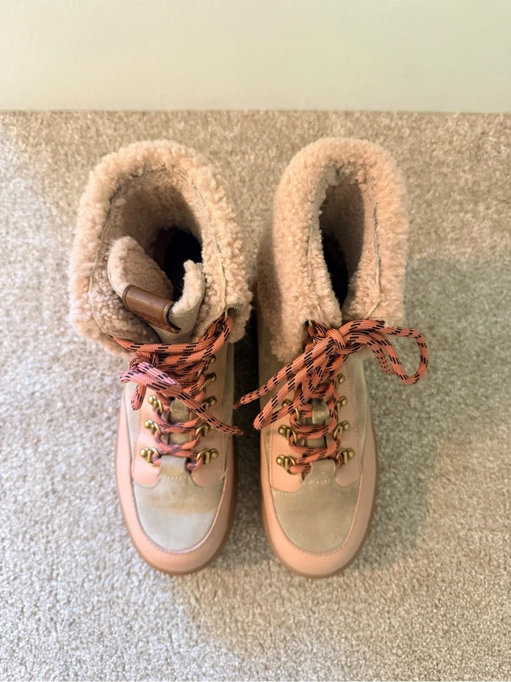 Coach Women's Taupe Pink Fleece-Trim Lace-Up Boots